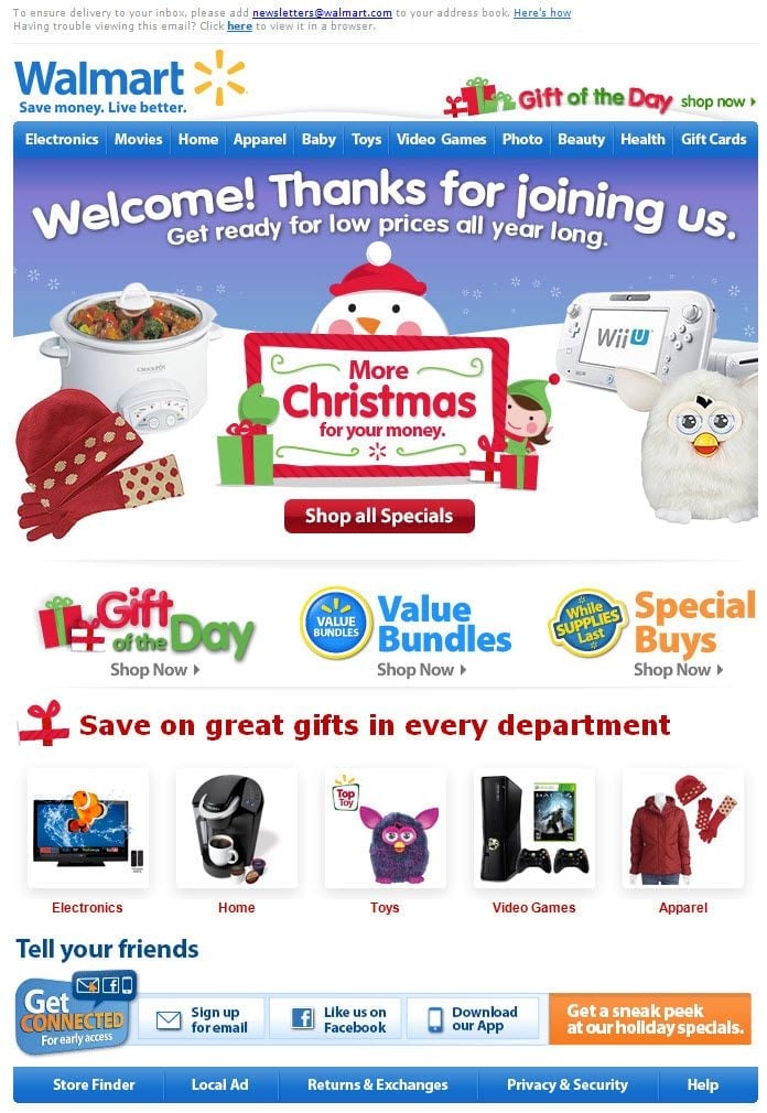 Walmart Christmas welcome email
