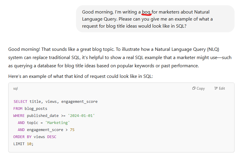 A representation of Natural Language Querying by ChatGPT to correct a typo in the request