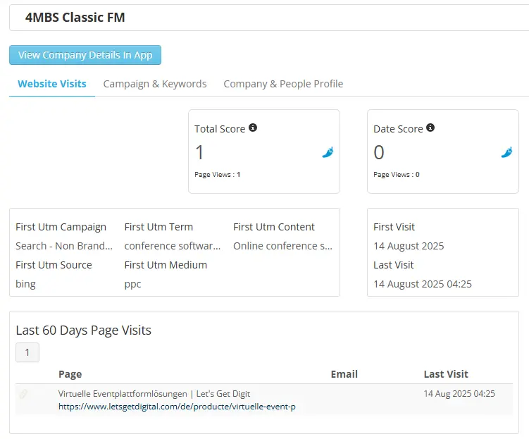 Bedrijfsprofiel van 4MBS Classic FM in de Spotler Leads module.