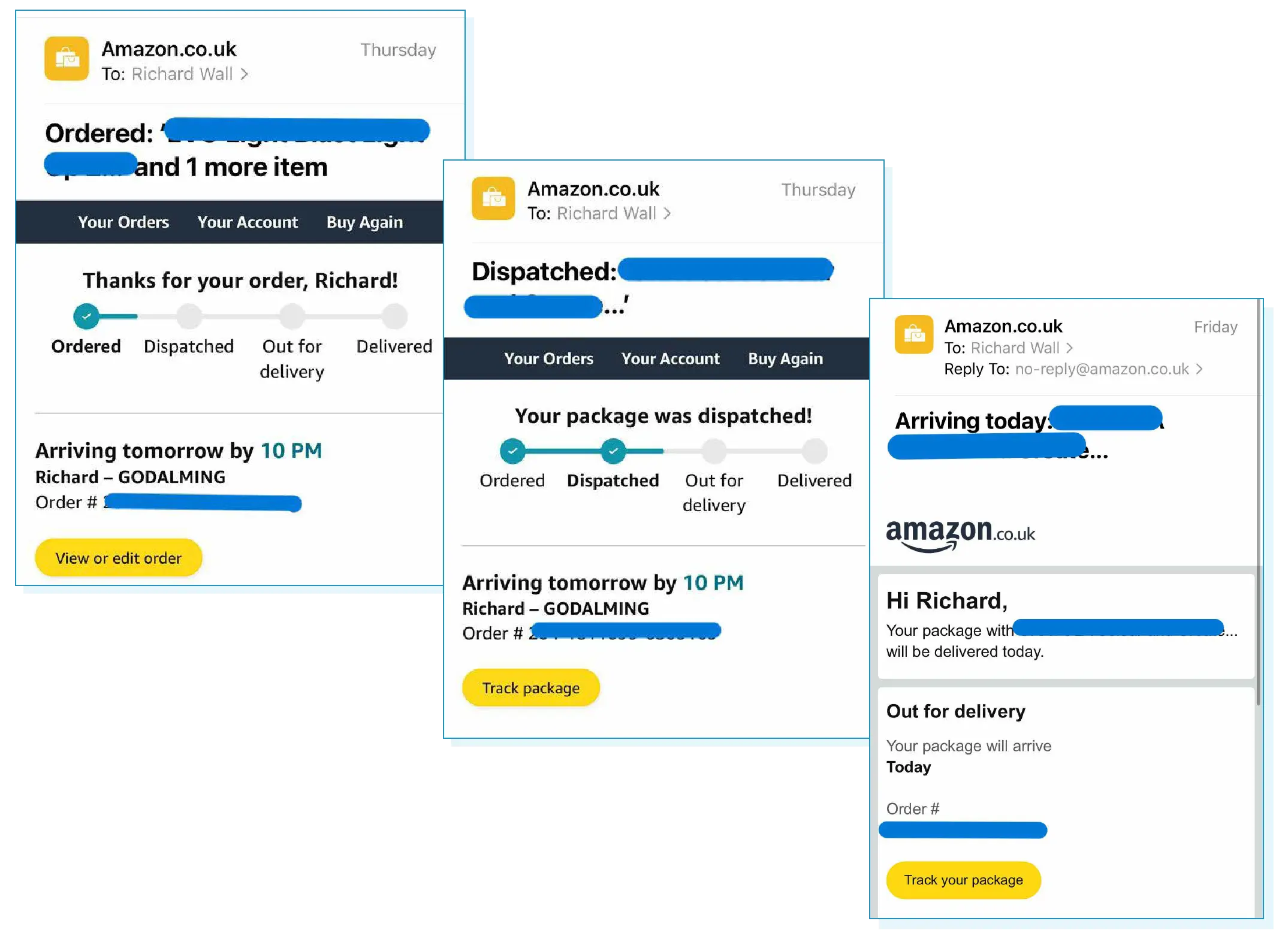 Examples of transactional emails sent by Amazon