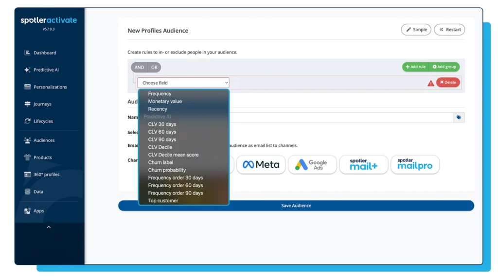 Screenshot of the predictive AI audience builder in Spotler Activate
