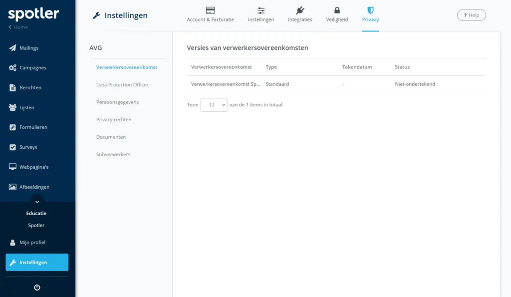 Screenshot van de Mail+ software van Spotler met bijbehorende AVG documentatie