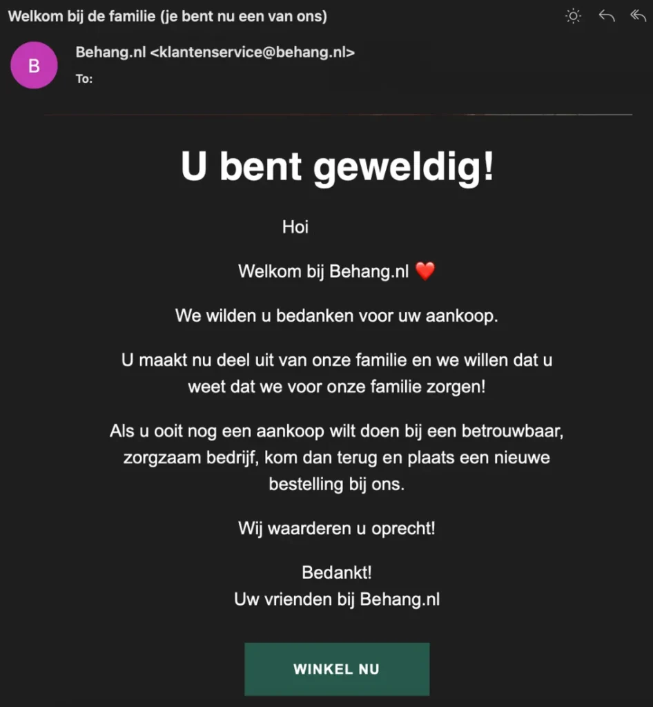De bedanktmail van Behang.nl