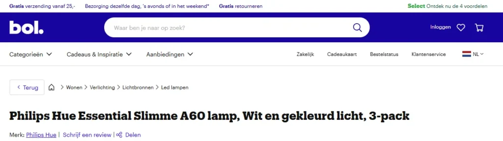 Kruimelpad van categoriepagina’s op een Product Display Page PDP van Bol