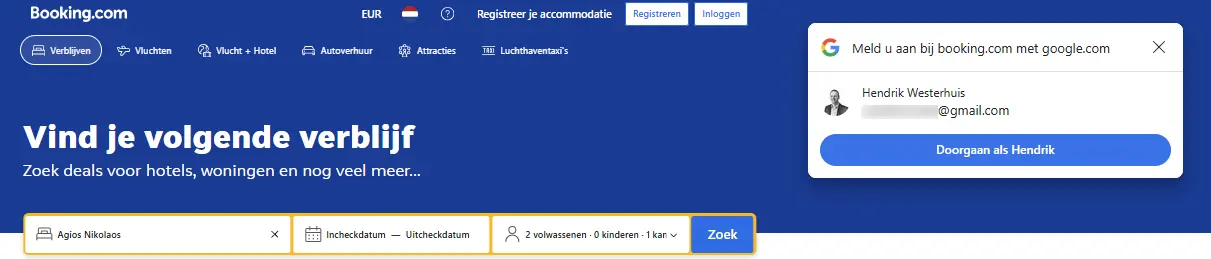 De website van Booking.com staat je toe om in te loggen via Google/Gmail.