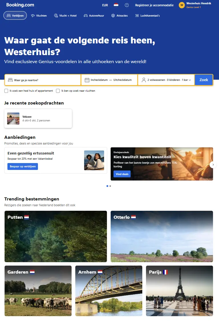 De gepersonaliseerde homepage van booking.com 