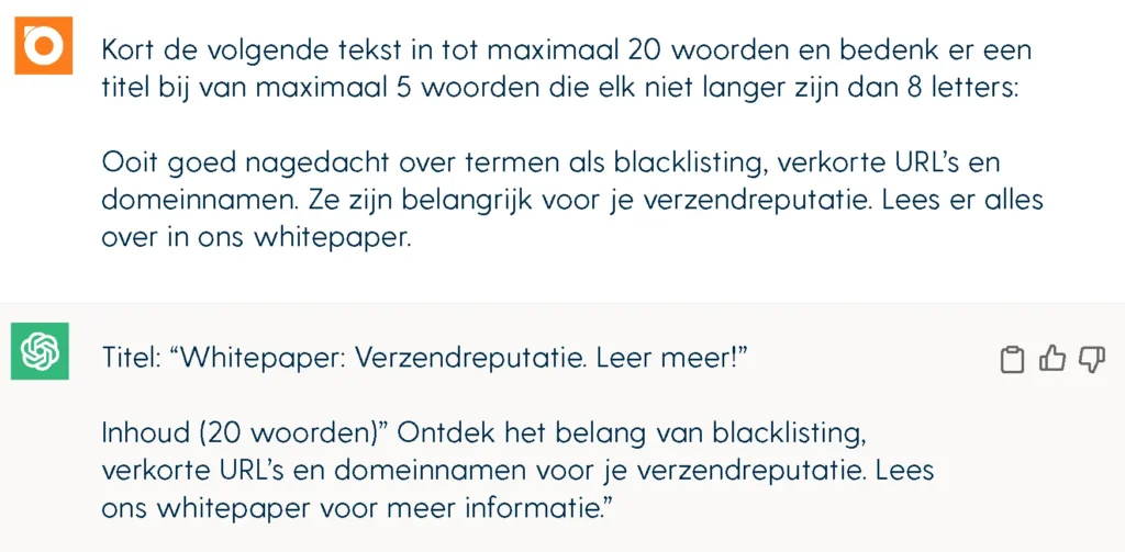 Een voorbeeld van de output van ChatGPT op de vraag om e-mail content te optimaliseren.