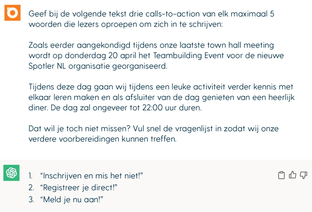 Een voorbeeld van de output van ChatGPT op de vraag om drie call-to-actions te schrijven.