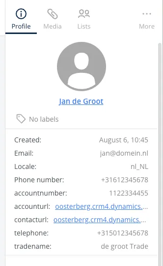 Voorbeeld van een contactkaart in Microsoft Dynamics, direct gesynct via WhatsApp-nummer