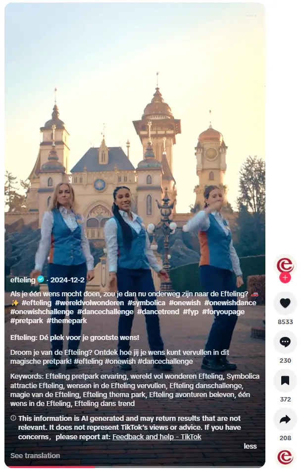 De Efteling plaatst een TikTok met een dansje