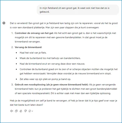 ChatGPT op de vraag wat te doen met een gat in je fietsband.