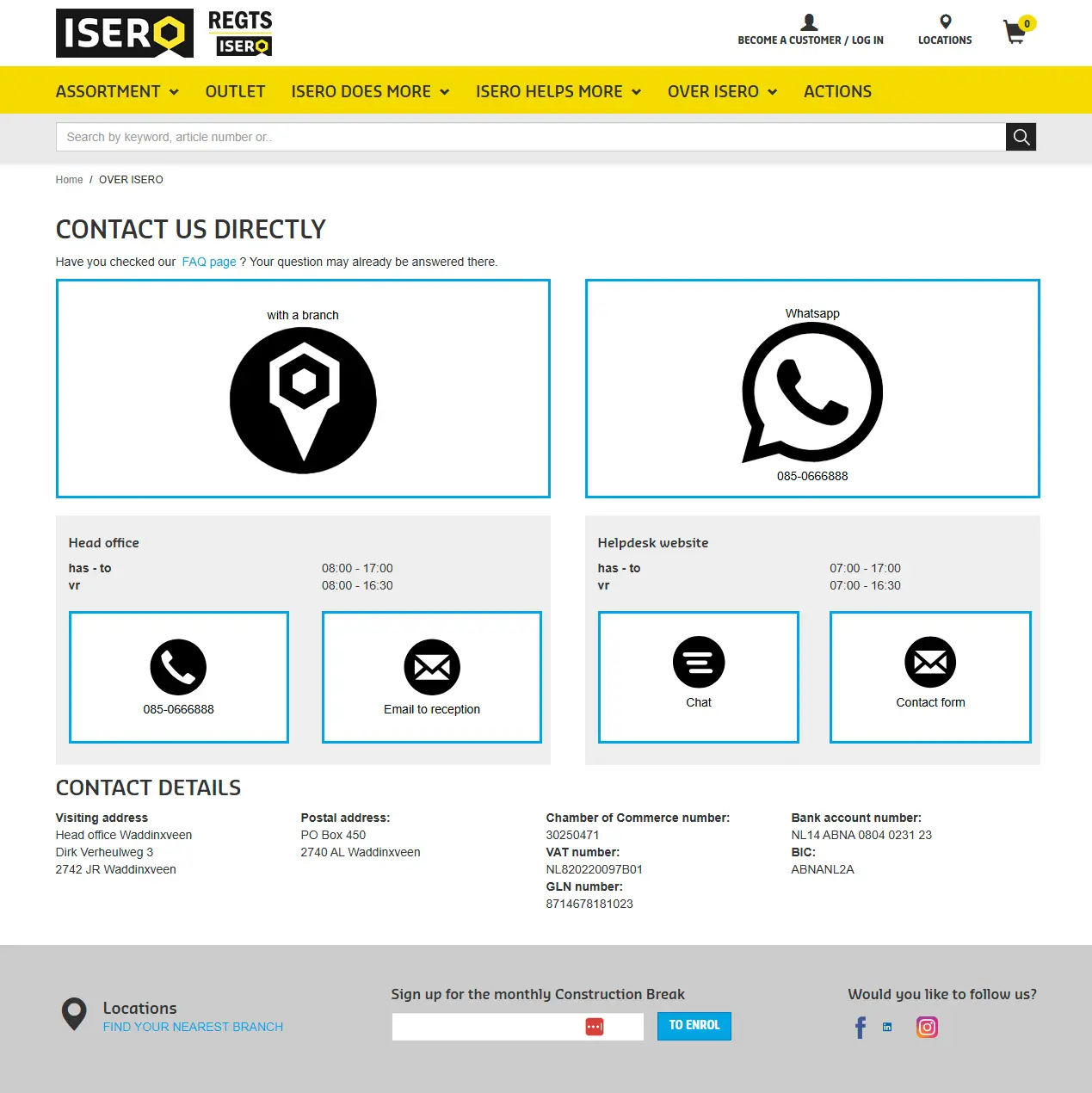 Overview of Isero's contact options, in tune with their omnichannel marketing strategy