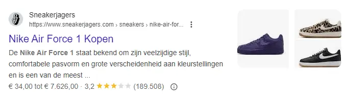 Een voorbeeld van online reviews voor Nike Air Force 1s bij Sneakerjagers