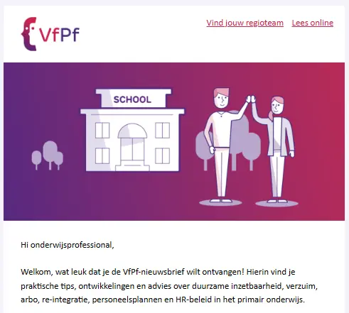 Voorbeeld van een welkomstmail van de ZBO VfPf