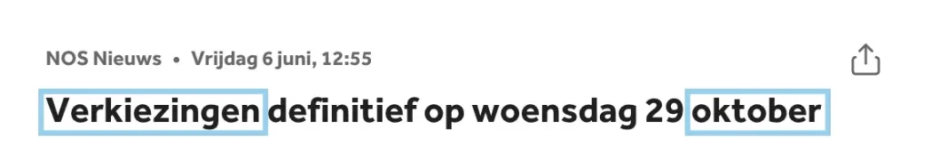 Nieuwsbericht met kop "Verkiezingen definitief op woensdag 29 oktober"