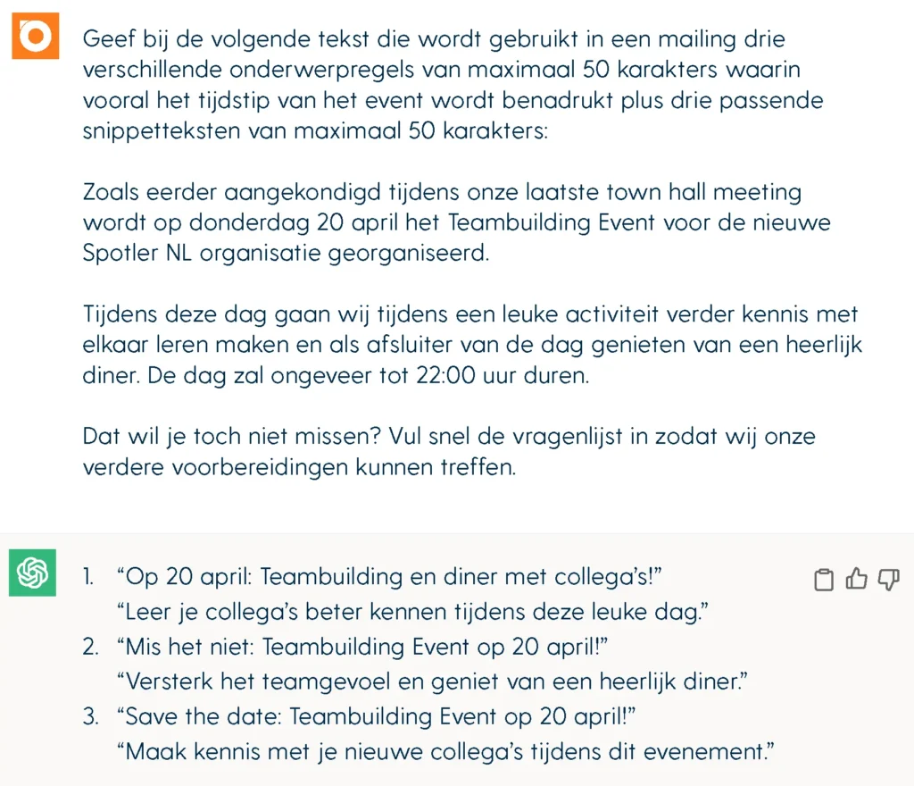 Een voorbeeld van de output van ChatGPT op de vraag om drie onderwerpregels met bijgaande e-mail snippets te schrijven.