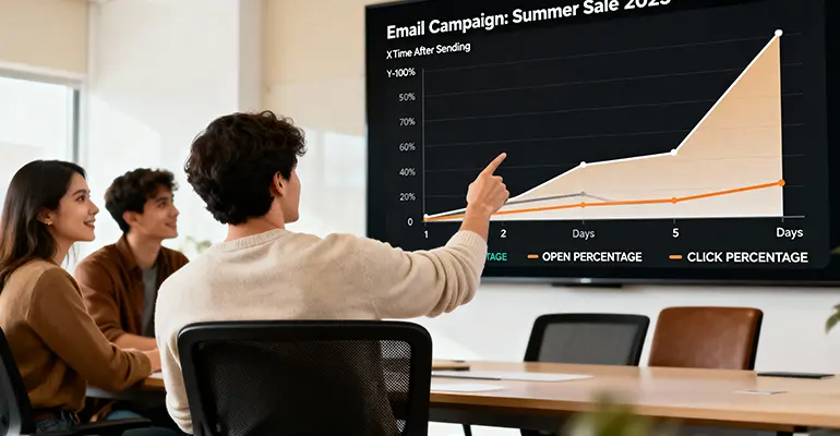 An image of a group of peers analysing a graphic of email statistics. On the Y axis is the bot opens and clicks percentage, on the X axis is the time in days after sending.