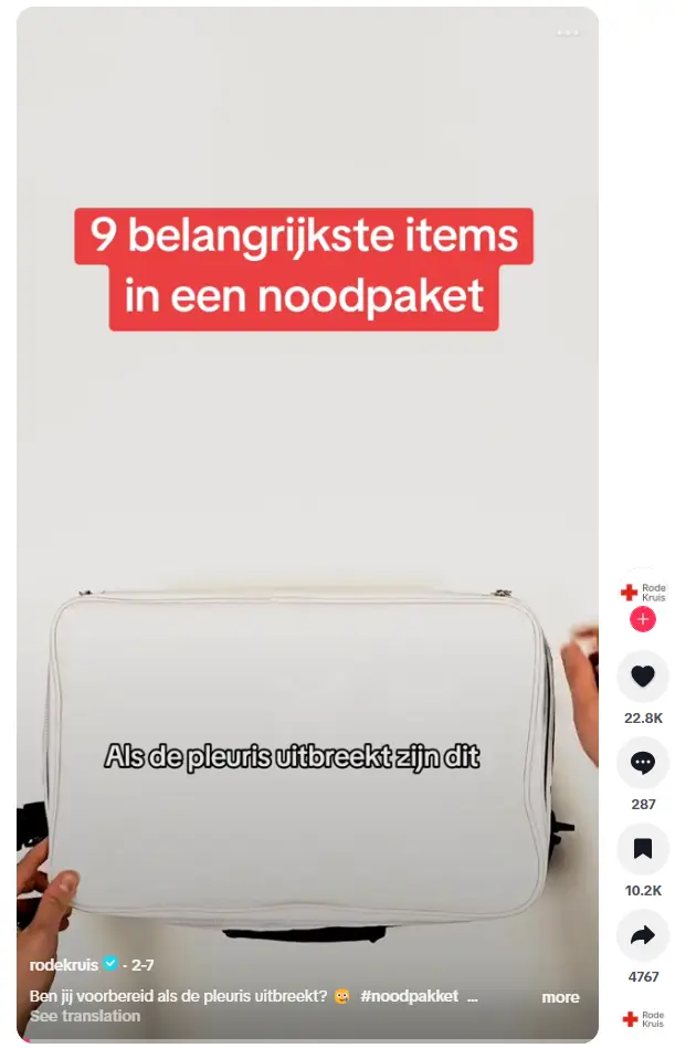 Het Rode Kruis plaatst een TikTok over een noodpakket