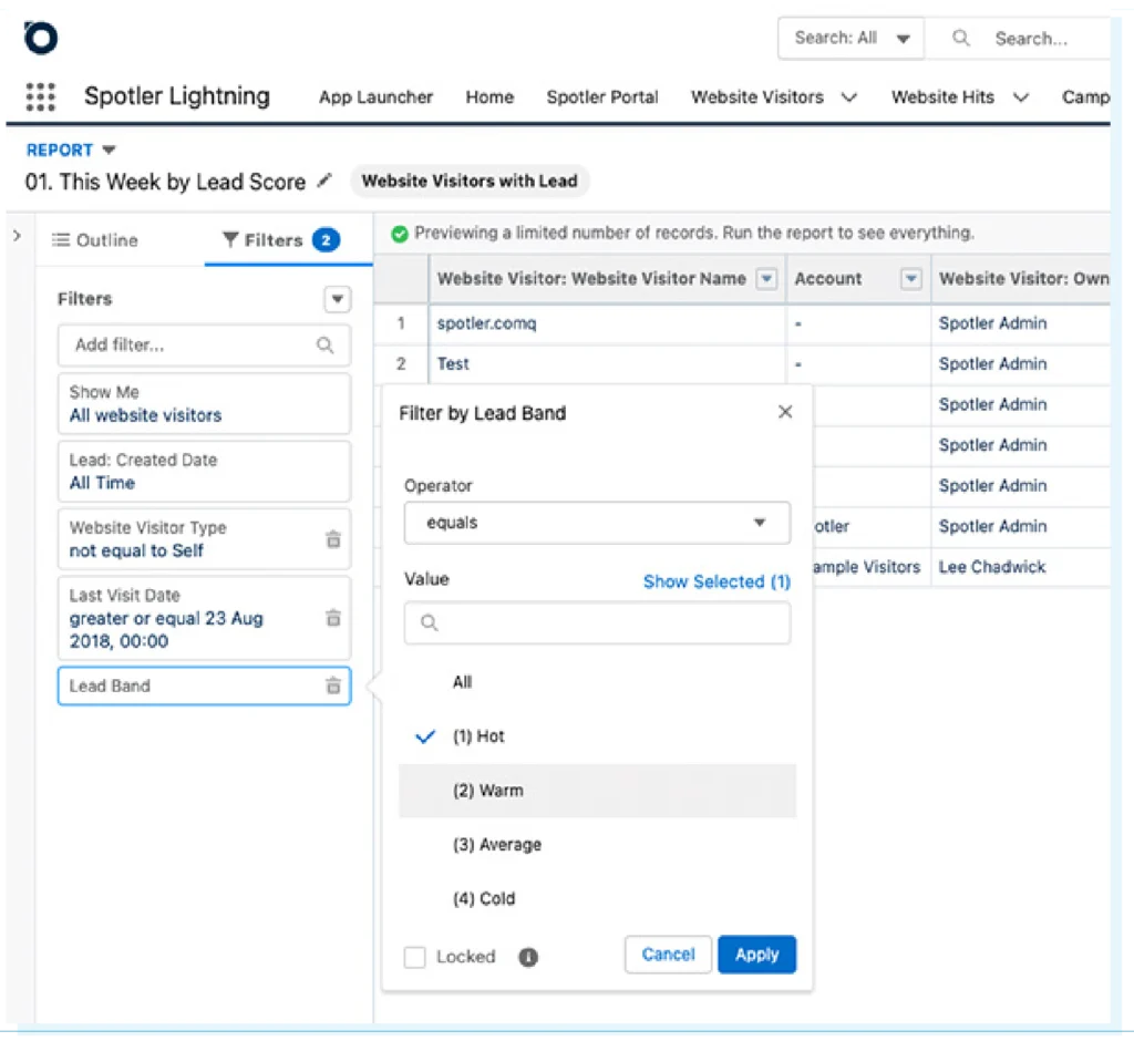 Overview in Salesforce CRM of different lead bands