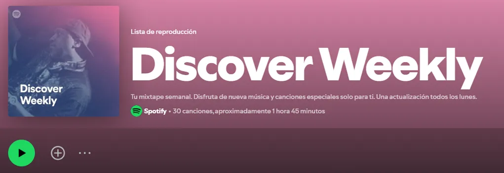 Spotify utiliza IA para analizar preferencias y crear listas de reproducción personalizadas que se ofrecen como Discover Weekly.