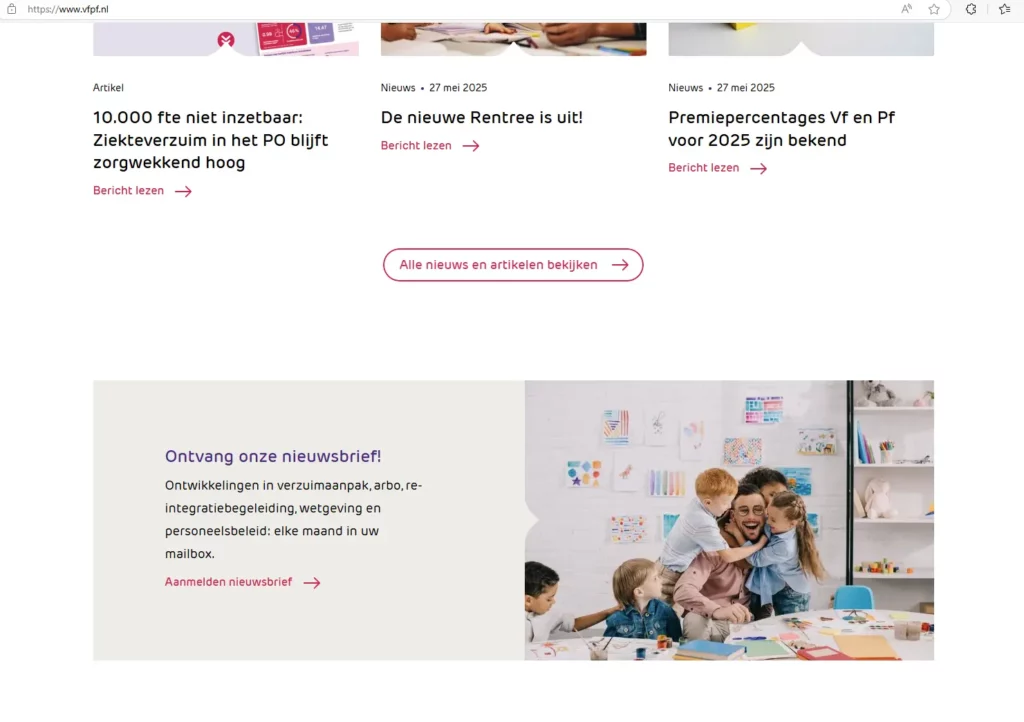 Voorbeeld van de ZBO organisatie VfPf van een nieuwsbrief sign up pagina