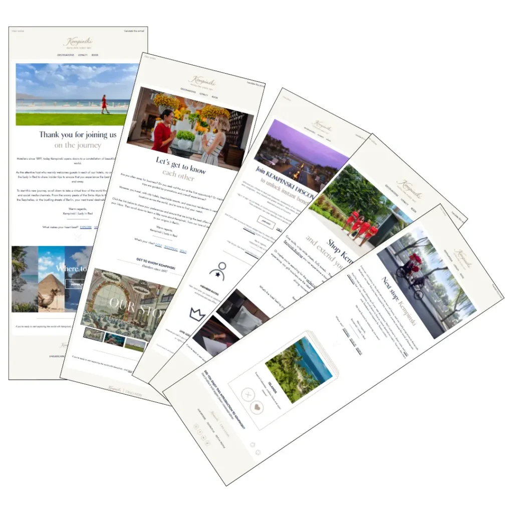 A fanned out view of all the emails in the welcome journey at Kempinski Hotels.