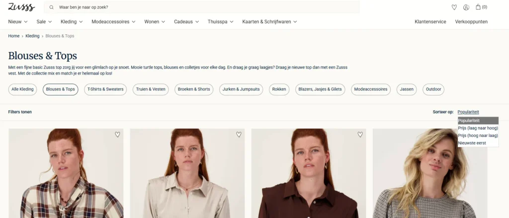 Filtering op een categoriepagina van Zusss 